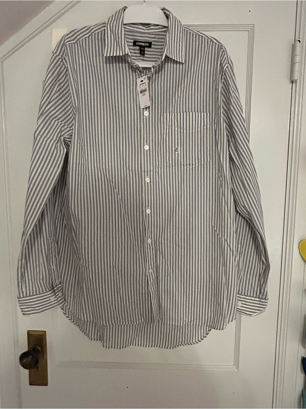 Express Men's Blue and White Vertical Stripe Dress Shirt